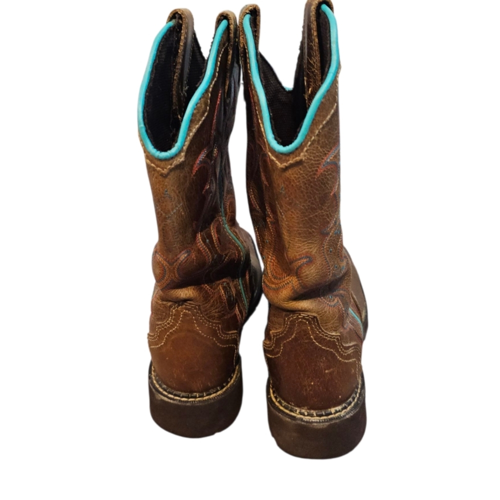 Justin Size 8 1/2 Western Cowboy Boots with Turquoise Accents Square Toe Raya - Picture 3 of 8